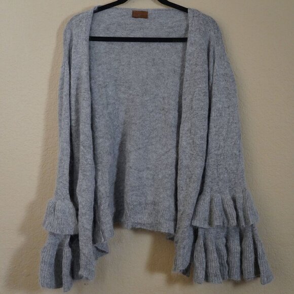 POL Sweaters - POL Anthropologie Sweater Cardigan L Tiered Ruffle Sleeve Grey Rabbit Hair/Wool